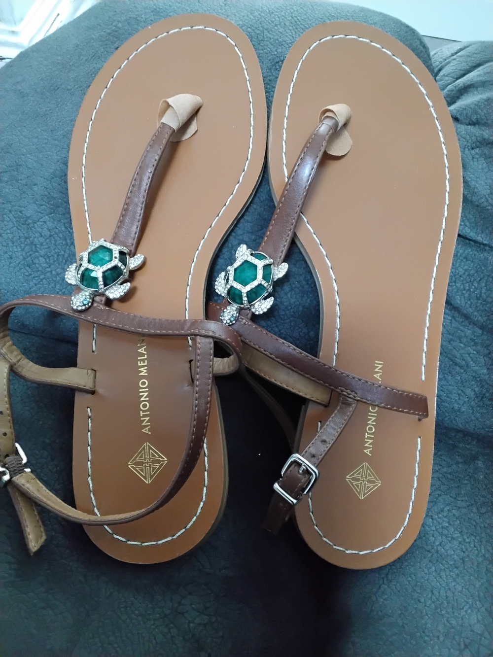 ANTONIO MELANI Brown Leather Thong Sandals with Green Turtle Accents